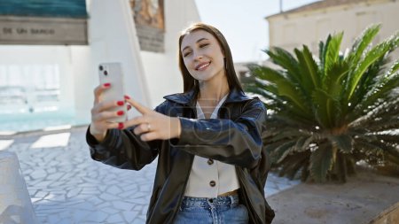 Téléchargez les photos : Une jeune femme souriante prend un selfie dans une rue ensoleillée de la ville, mettant en valeur son style et sa vie urbaine. - en image libre de droit