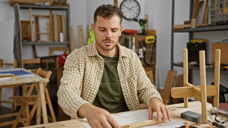 Foto de Hombre hispano con barba trabajando pensativamente en un taller de carpintería - Imagen libre de derechos