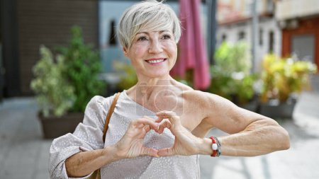 Photo for A cheerful mature woman with grey hair forms a heart with her hands on a sunny urban street. - Royalty Free Image