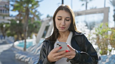 Téléchargez les photos : Une jeune femme brune utilise son smartphone dans une rue urbaine ensoleillée, exsudant une élégance décontractée contre un paysage urbain extérieur. - en image libre de droit