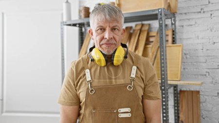 Foto de Un hombre mayor con el pelo gris usando protección auditiva se para con confianza en un taller de carpintería. - Imagen libre de derechos