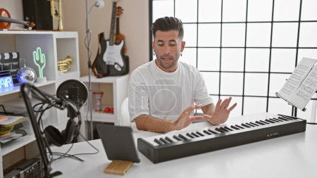 Téléchargez les photos : Jeune, bel homme hispanique vole le spectacle en jouant du piano sur un appel vidéo à travers le pavé tactile dans un studio de musique - en image libre de droit