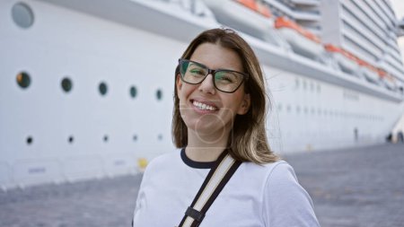 Smiling woman on a luxury cruise vacation with a ship in the background