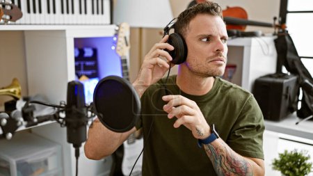 Foto de Hombre enfocado con auriculares en estudio de música ajustando el micrófono para la sesión de grabación - Imagen libre de derechos