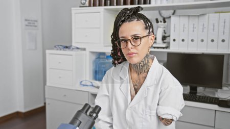 Téléchargez les photos : Amputée résolue hispanique femme scientifique assise à la table du laboratoire, face grave dans la concentration de la recherche médicale - en image libre de droit