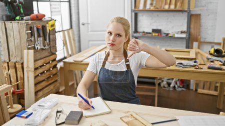 Photo for A displeased young woman wearing an apron in a carpentry workshop showing a thumbs down gesture - Royalty Free Image