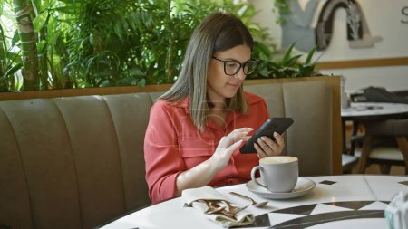 Photo for Hispanic woman using smartphone while sitting in a modern cafe with a cappuccino and casual style. - Royalty Free Image