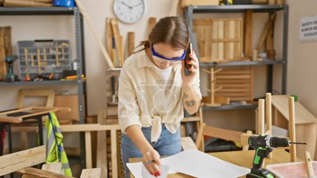 Photo for A young adult woman multitasks in a carpentry workshop, talking on the phone while holding plans. - Royalty Free Image