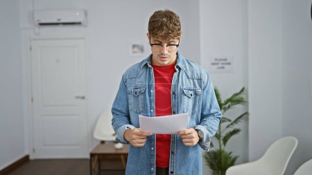 Photo for Handsome young hispanic man seriously engrossed in reading a document while standing in a busy waiting room, looking for answers amidst the indoor corridor's background - Royalty Free Image