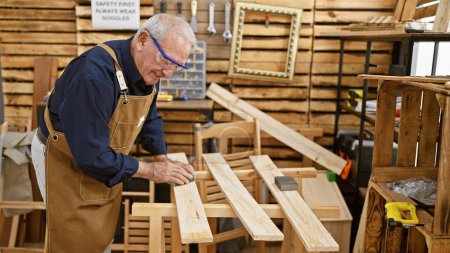 Téléchargez les photos : Un homme âgé souriant, un maître charpentier, poncant joyeusement une planche de bois dans son atelier intérieur, portant des lunettes de sécurité car la sécurité dans la menuiserie est primordiale. - en image libre de droit