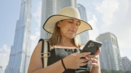 A young woman with a sunhat using a smartphone against the backdrop of the burj khalifa in dubai.