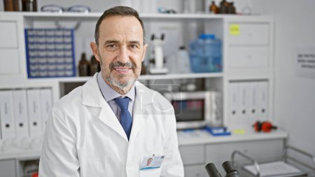 Téléchargez les photos : Homme d'âge moyen confiant aux cheveux gris, souriant joyeusement alors qu'il travaille au laboratoire, incarnant le scientifique heureux dans son élément. - en image libre de droit