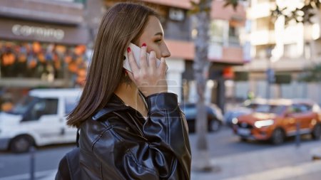 Téléchargez les photos : Une jeune femme caucasienne dans une veste en cuir parlant sur un smartphone dans une rue animée de la ville. - en image libre de droit