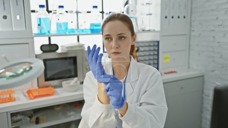 Photo for Young, caucasian woman scientist putting on blue gloves in a laboratory setting, embodying professionalism and concentration. - Royalty Free Image