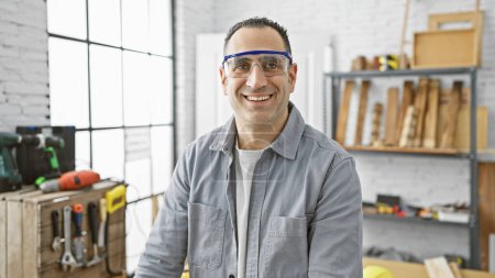 Téléchargez les photos : Homme hispanique souriant portant des lunettes de sécurité dans un atelier de menuiserie bien éclairé avec des outils et des étagères en bois. - en image libre de droit