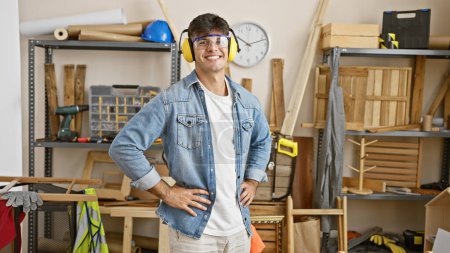 Photo for Laughing young hispanic man, a handsome carpenter wearing glasses, headphones, enjoying his work at a carpentry studio, creating stunning woodwork furniture - Royalty Free Image