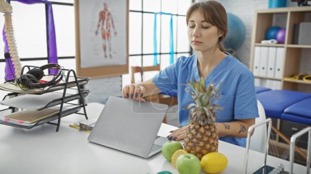 Téléchargez les photos : Une femme caucasienne concentrée en blouse bleue travaillant sur un ordinateur portable dans une clinique de physiothérapie lumineuse avec un équipement d'exercice - en image libre de droit