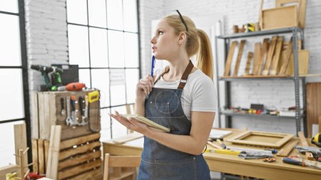 Photo for Thoughtful woman holding notebook in woodworking workshop surveys her creative space with focus and determination. - Royalty Free Image
