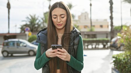 Una joven enfocada envía mensajes de texto en su teléfono inteligente mientras está parada en una soleada acera urbana.