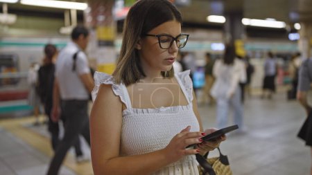 Impresionante mujer hispana, gafas puestas, parada en la estación de tren subterránea, anticipando su viaje en metro, absorta en su teléfono