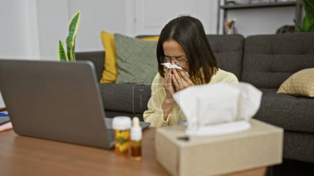Photo for A young hispanic woman blows her nose on a tissue in a cozy modern living room, surrounded by cold remedies and a laptop. - Royalty Free Image