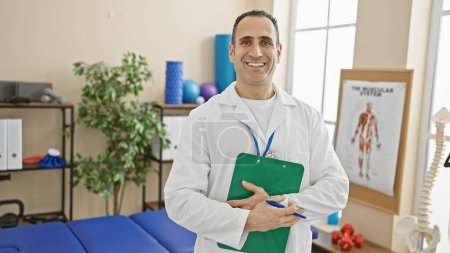 Foto de Hombre hispano sonriente en bata de laboratorio con portapapeles de pie con confianza en una clínica de fisioterapia brillante. - Imagen libre de derechos