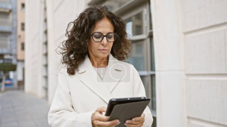 Téléchargez les photos : Femme hispanique mature dans des lunettes tenant la tablette sur la rue de la ville vêtue d'un manteau blanc - en image libre de droit