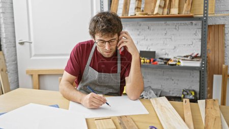 A young man with a beard wearing glasses and a workshop apron is talking on the phone while writing in a carpentry studio.