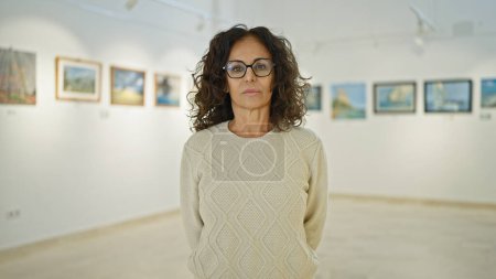 Téléchargez les photos : Femme hispanique mature avec des lunettes debout dans une galerie d'art, dépeignant un sentiment de contemplation et de culture. - en image libre de droit