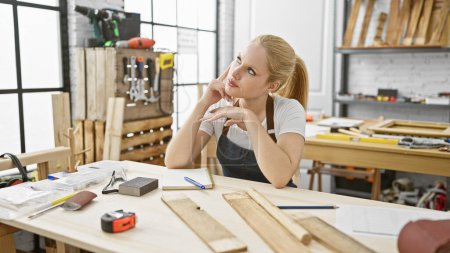 A thoughtful blonde woman in a carpentry workshop surrounded by tools and wood.