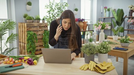 Photo for Young woman using laptop and phone in a flower shop filled with plants, displaying multitasking and entrepreneurship. - Royalty Free Image