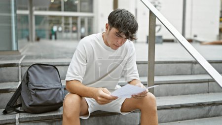 Foto de Fresco, joven estudiante universitario hispano perdido en el pensamiento mientras leía casualmente el documento, sentado en las escaleras del campus al aire libre - Imagen libre de derechos