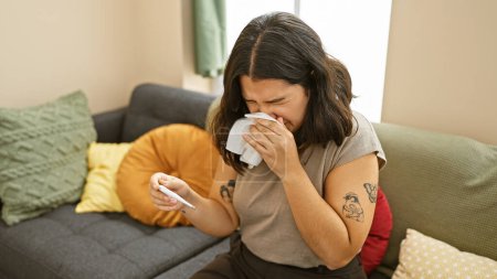 Photo for A young hispanic woman blowing her nose and checking a thermometer in a cozy living room setting - Royalty Free Image