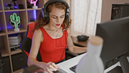Jeune femme streamer jouer à un jeu vidéo en utilisant l'ordinateur à la salle de jeu