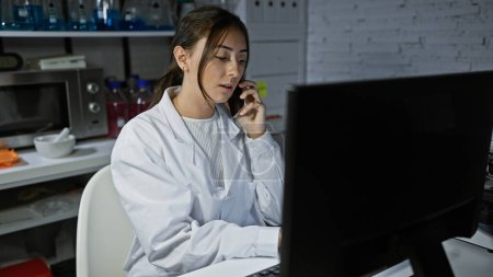 Mujer hispana adulta joven usando bata de laboratorio en el interior, usando computadora y teléfono en el laboratorio