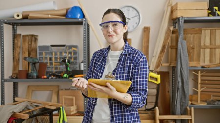 Foto de Una joven con gafas de seguridad está en un taller de carpintería sosteniendo un portapapeles - Imagen libre de derechos