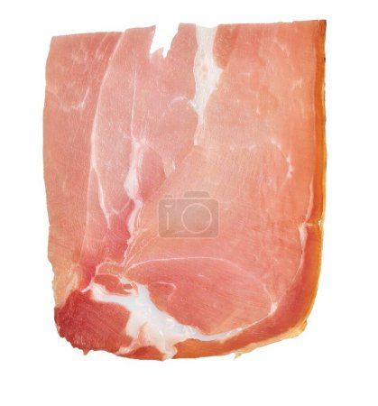Close-up of isolated prosciutto slice on white with texture details, ideal for culinary and gourmet themes.