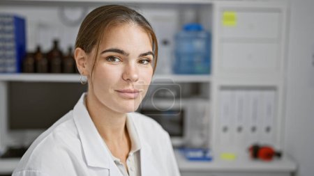 Photo for Beautiful young hispanic woman scientist, showcasing a serious expression, sitting amidst lab work in the bustling world of medical research - Royalty Free Image