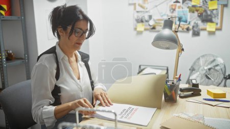 Téléchargez les photos : Femme mûre examine les documents dans le bureau d'un détective, entouré d'indices d'enquête et de notes. - en image libre de droit