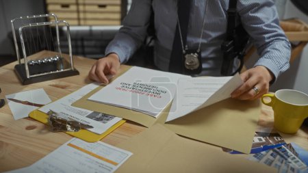 Ein junger Mann mit Abzeichen untersucht Dokumente im Büro eines Detektivs und deutet auf einen Tatort hin.