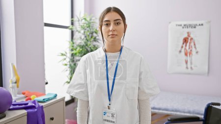 Photo for Hispanic woman physical therapist stands in a clinic room, portraying professionalism and healthcare. - Royalty Free Image