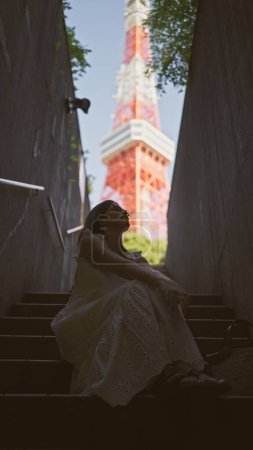 Photo for Beautiful hispanic woman in glasses perched on stairs, a portrait of urban modernity at tokyo's famous tower spot - Royalty Free Image