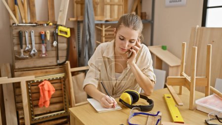 Foto de Una mujer carpintera planeando en un taller mientras está en una llamada telefónica. - Imagen libre de derechos