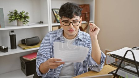 Photo for Young man in glasses reviewing a document in a modern office setting. - Royalty Free Image