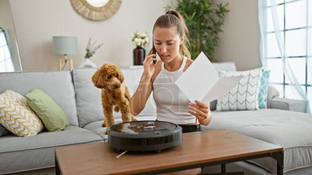 Photo for Young caucasian woman with dog reading cleaner vacuum robot instructions talking on smartphone at home - Royalty Free Image