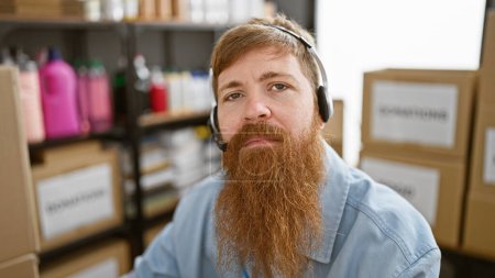 At the heart of charity, handsomely bearded young redhead volunteer, engrossed in audio donation work, sitting indoors at the community center's busy warehouse.
