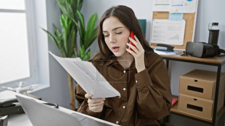 Téléchargez les photos : Femme focalisée multitâche au bureau avec téléphone et documents, dépeignant un professionnel au travail. - en image libre de droit