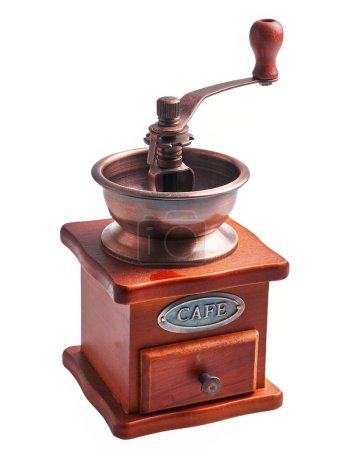 A vintage coffee grinder with a wooden handle, isolated on a white background.