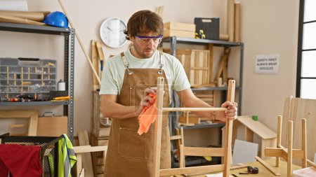 Photo for Caucasian craftsman wearing safety glasses cleans chair in well-equipped carpentry studio - Royalty Free Image