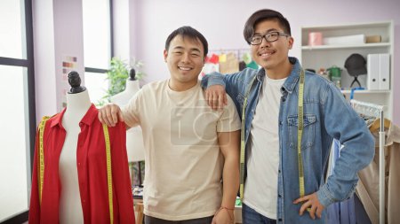 Téléchargez les photos : Deux hommes souriants avec des mesures de ruban dans un magasin de tailleurs lumineux avec une chemise rouge sur un mannequin, représentant un espace de travail collaboratif et créatif. - en image libre de droit